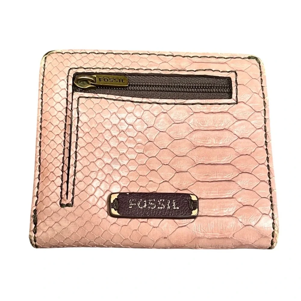 Fossil Pink Snakeskin Embossed Leather Bifold Wallet Small Grey Interior